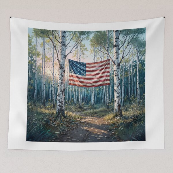 Item preview, American Flag In White Birch Tree Forest designed and sold by Home Decor Art.