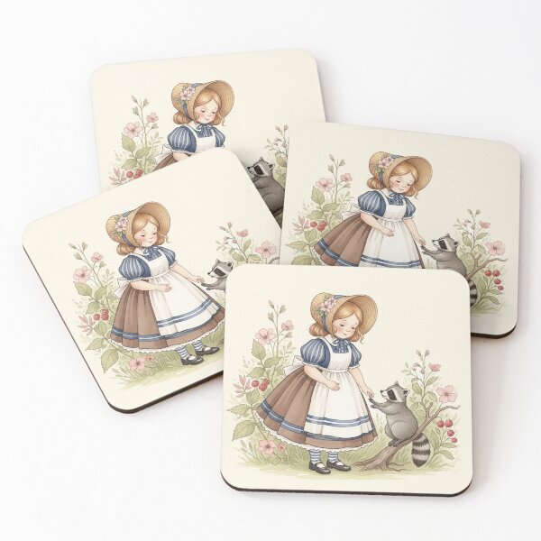 Item preview, A Little Girl Sharing Berries with a Sweet Raccoon designed and sold by Pasteltone.