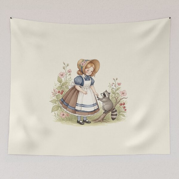 Item preview, A Little Girl Sharing Berries with a Sweet Raccoon designed and sold by Pasteltone.