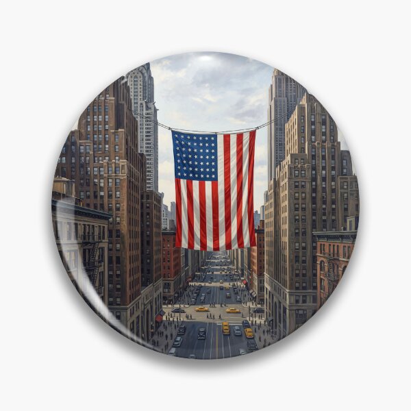 Item preview, American Flag Strung Between City Buildings designed and sold by Home Decor Art.