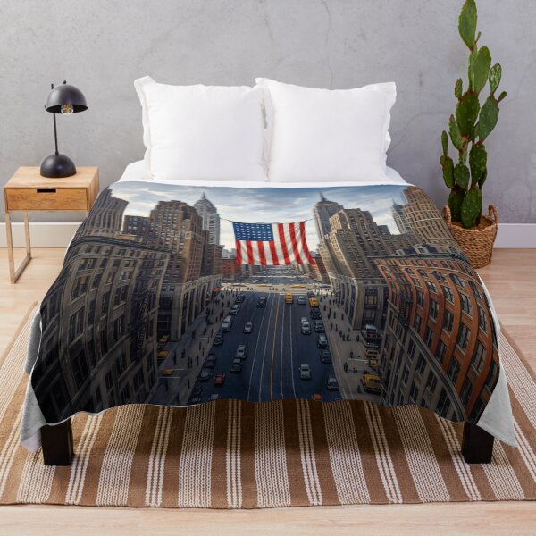 Item preview, American Flag Strung Between City Buildings designed and sold by Home Decor Art.