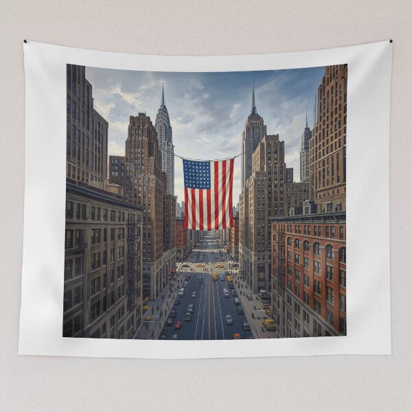 Item preview, American Flag Strung Between City Buildings designed and sold by Home Decor Art.