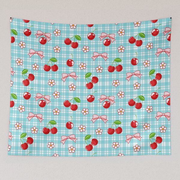 Item preview, Blue Gingham Pattern Red Cherry and Cute Pink Bow designed and sold by nurabear.