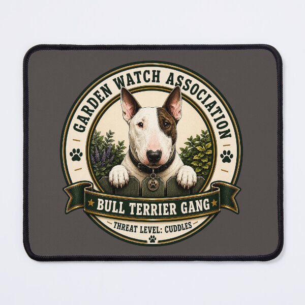 Item preview, Garden Watch Association - Bull Terrier Gang - Threat Level: Cuddles/ Funny Bull Terrier Badge Logo designed and sold by Halejo68.