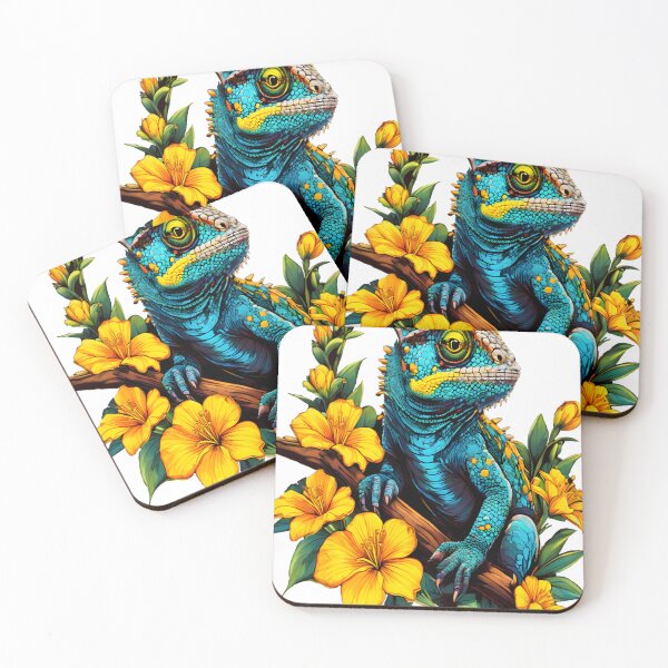 Item preview,  Tropical Blue Chameleon & Yellow Hibiscus designed and sold by chroma-wilds.