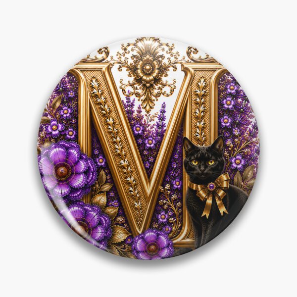 Artikelvorschau, Floraler Buchstabe M mit schwarzer Katze | Lavendelfarbenes botanisches Monogramm | Elegantes goldenes Initialen-Design entworfen und verkauft von MoodLay.