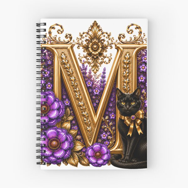 Item preview, Floral Letter M with Black Cat | Lavender Botanical Monogram | Elegant Gold Initial Design designed and sold by MoodLay.