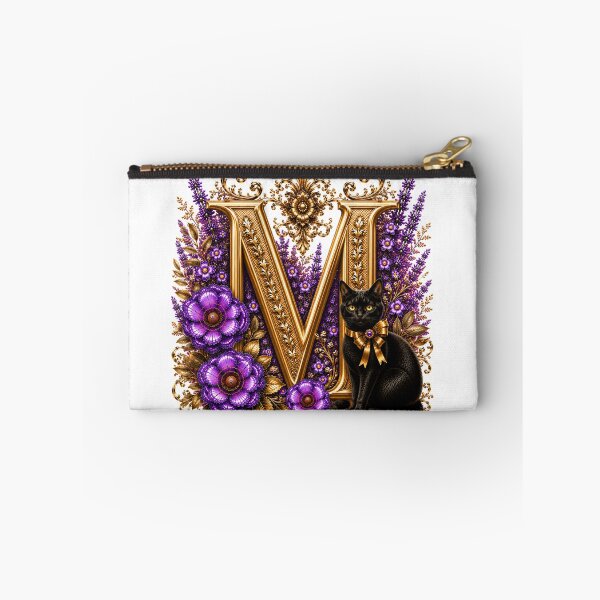 Item preview, Floral Letter M with Black Cat | Lavender Botanical Monogram | Elegant Gold Initial Design designed and sold by MoodLay.