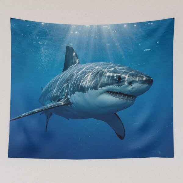 Item preview, Great White Shark Under Sunbeams | Underwater Wildlife Photography | Ocean Fine Art Wall Print designed and sold by ApexAnimal Art.