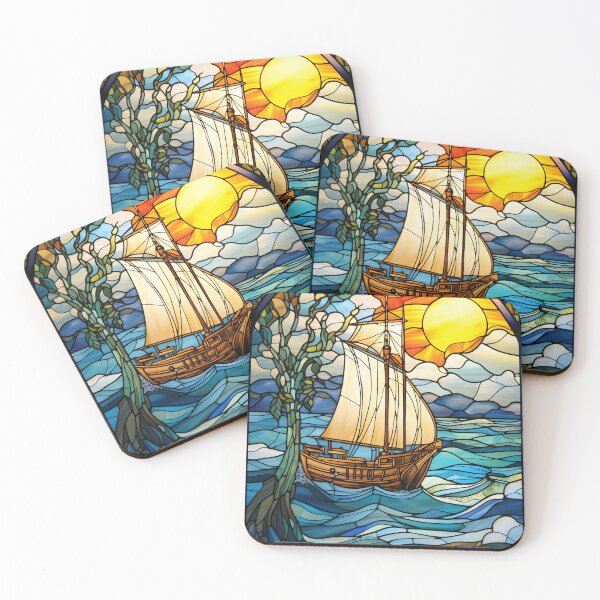 Item preview, Sunset Sailing Ship Stained Glass Window Design designed and sold by pinkal.