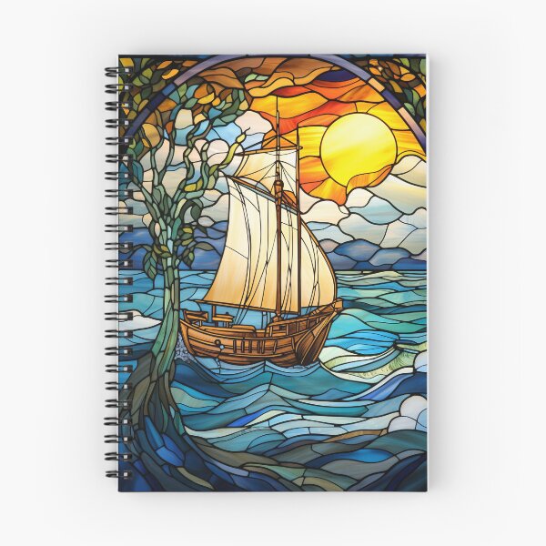 Item preview, Sunset Sailing Ship Stained Glass Window Design designed and sold by pinkal.