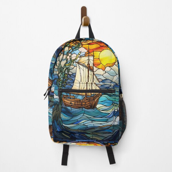 Item preview, Sunset Sailing Ship Stained Glass Window Design designed and sold by pinkal.