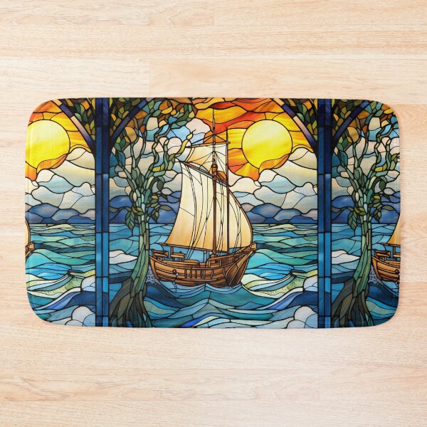 Item preview, Sunset Sailing Ship Stained Glass Window Design designed and sold by pinkal.