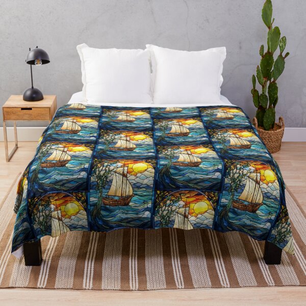 Item preview, Sunset Sailing Ship Stained Glass Window Design designed and sold by pinkal.