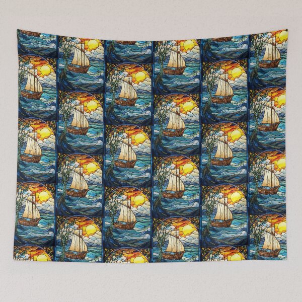 Item preview, Sunset Sailing Ship Stained Glass Window Design designed and sold by pinkal.