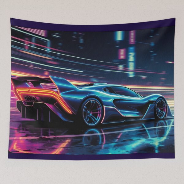 Item preview, Cyberpunk Hypercar Neon Light Trails Poster designed and sold by Nexus Space.