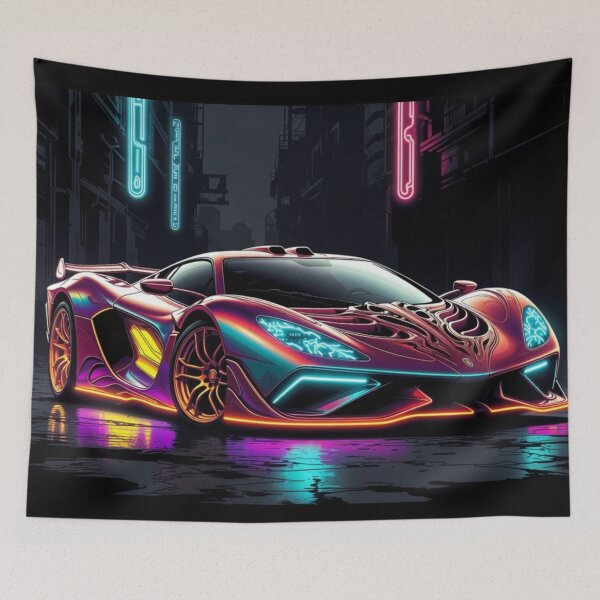 Item preview, Cyberpunk Iridescent Supercar Neon Alley Poster designed and sold by Nexus Space.