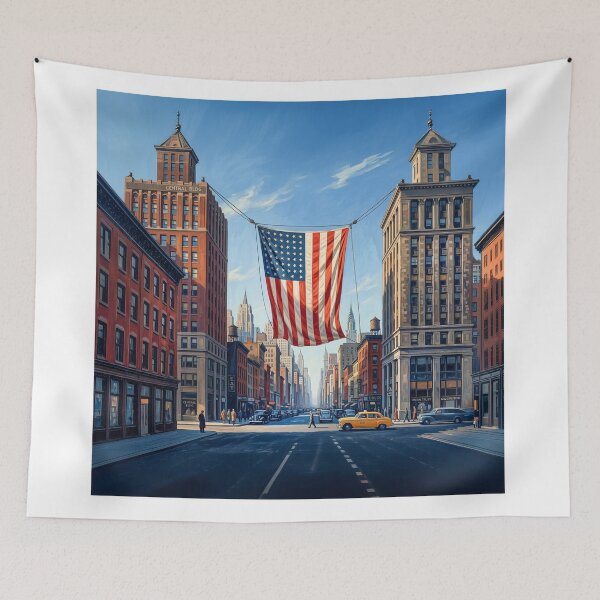 Item preview, American Flag Strung Between Two City Buildings designed and sold by Home Decor Art.