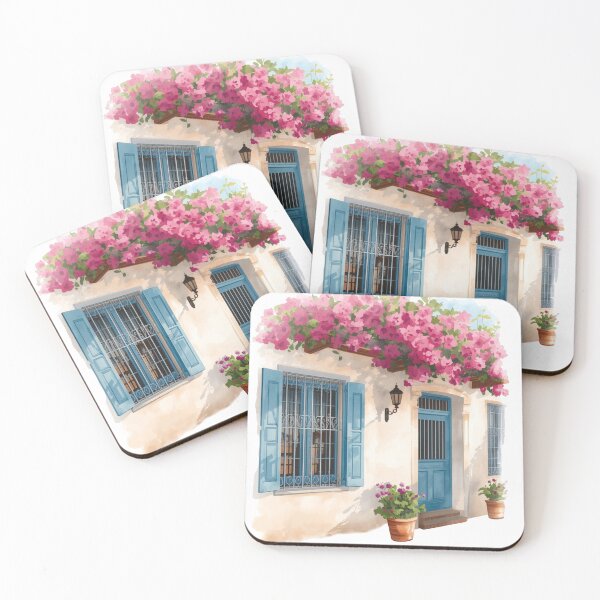 Item preview, Sidi Bou Said Tunisian House with Blue Shutters & Bougainvillea — Watercolor Mediterranean Street Art Design designed and sold by carthagia.