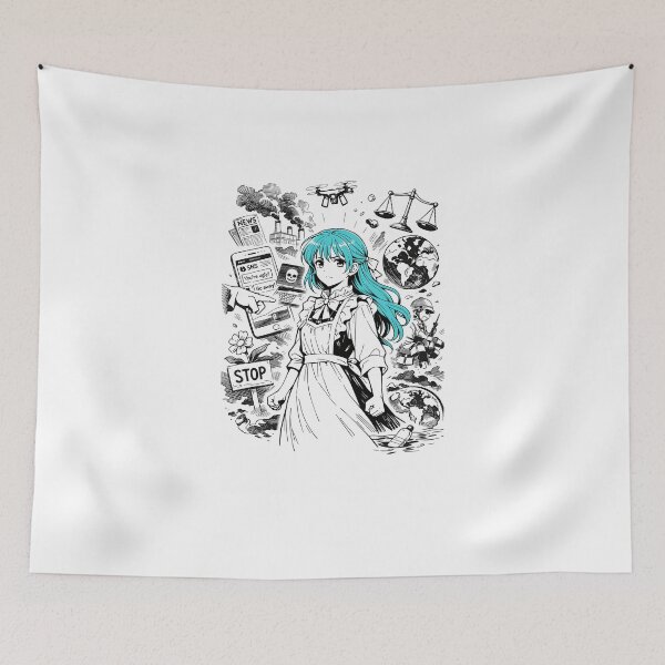 Item preview, Anime girl with turqoise hair against the world challenges in black and white  designed and sold by wallartofmio.
