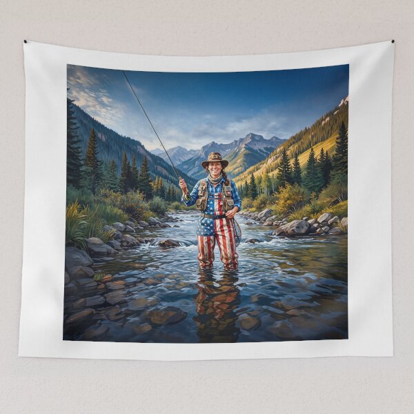Item preview, Flyfishing Woman With American Flag Waders designed and sold by Home Decor Art.