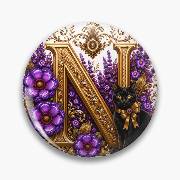 Item preview, Floral Letter N with Black Cat | Lavender Botanical Monogram | Elegant Gold Initial Design designed and sold by MoodLay.
