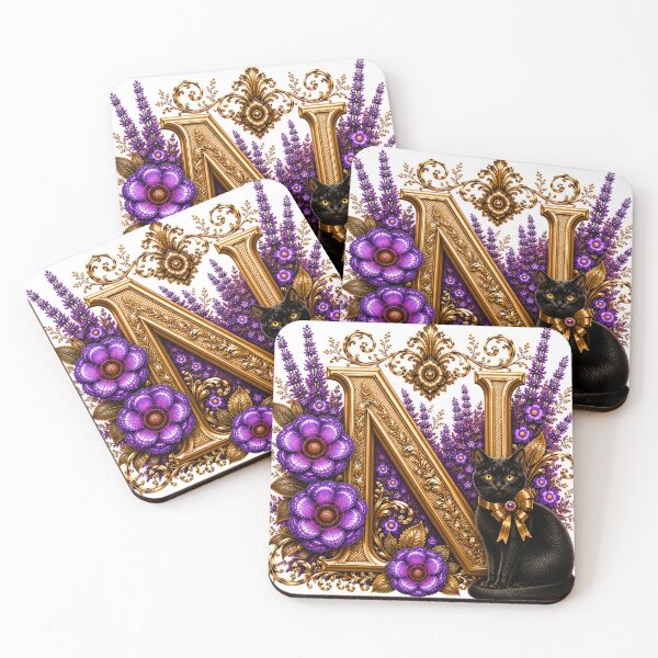 Item preview, Floral Letter N with Black Cat | Lavender Botanical Monogram | Elegant Gold Initial Design designed and sold by MoodLay.