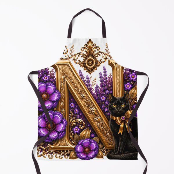 Item preview, Floral Letter N with Black Cat | Lavender Botanical Monogram | Elegant Gold Initial Design designed and sold by MoodLay.