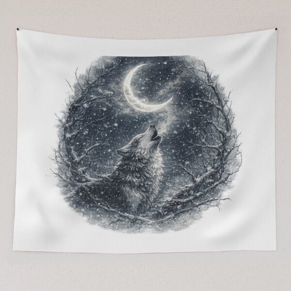 Item preview, Howling Wolf Crescent Moon Dark Forest Winter Illustration Design designed and sold by irfanshikh.