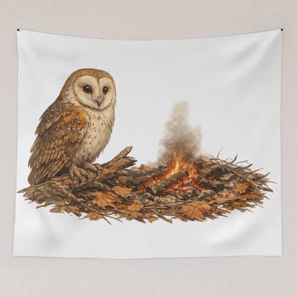 Item preview, Barn Owl Campfire Cozy Woodland Nature Illustration Design designed and sold by irfanshikh.