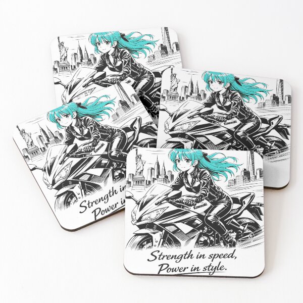 Item preview, A dynamic line‑art scene of the same turquoise‑haired girl riding a Kawasaki motorbike through the wind, with the New York City skyline behind he designed and sold by wallartofmio.