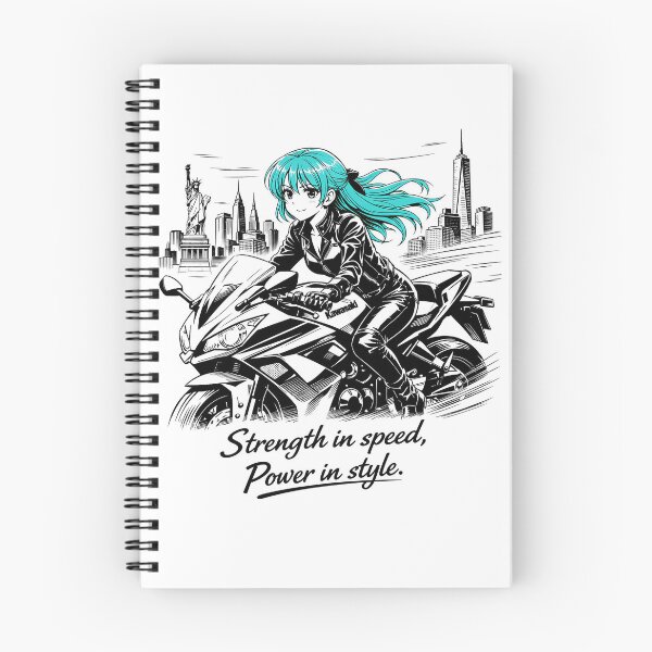 Item preview, A dynamic line‑art scene of the same turquoise‑haired girl riding a Kawasaki motorbike through the wind, with the New York City skyline behind he designed and sold by wallartofmio.