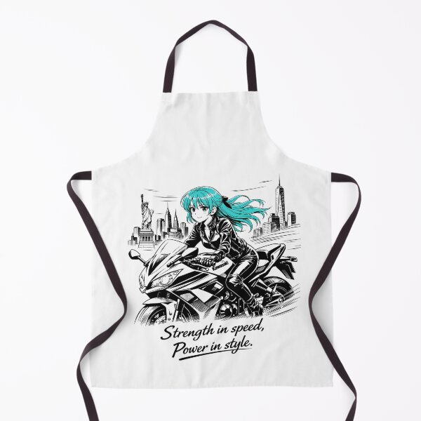 Item preview, A dynamic line‑art scene of the same turquoise‑haired girl riding a Kawasaki motorbike through the wind, with the New York City skyline behind he designed and sold by wallartofmio.