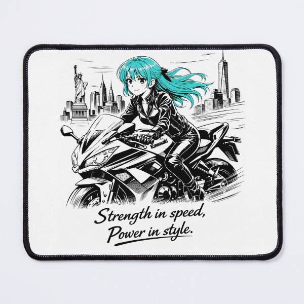 Item preview, A dynamic line‑art scene of the same turquoise‑haired girl riding a Kawasaki motorbike through the wind, with the New York City skyline behind he designed and sold by wallartofmio.