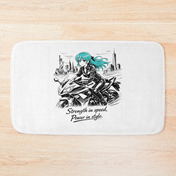 Item preview, A dynamic line‑art scene of the same turquoise‑haired girl riding a Kawasaki motorbike through the wind, with the New York City skyline behind he designed and sold by wallartofmio.