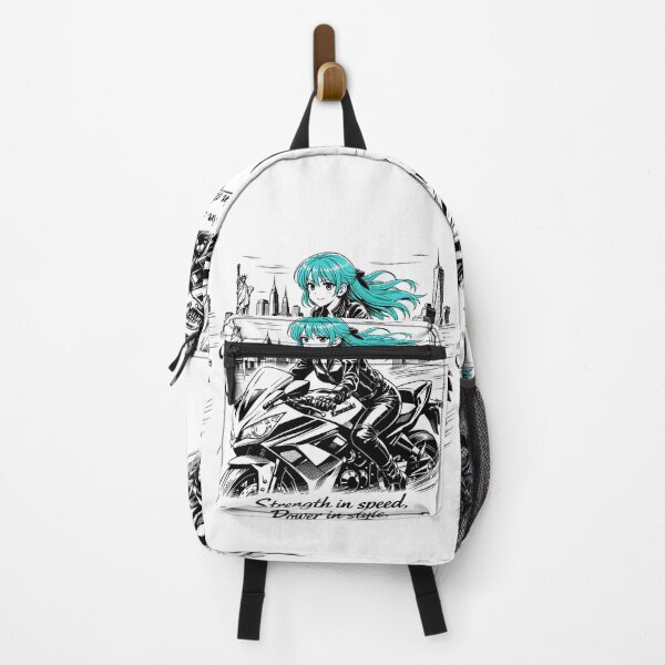Item preview, A dynamic line‑art scene of the same turquoise‑haired girl riding a Kawasaki motorbike through the wind, with the New York City skyline behind he designed and sold by wallartofmio.