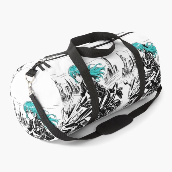 Item preview, A dynamic line‑art scene of the same turquoise‑haired girl riding a Kawasaki motorbike through the wind, with the New York City skyline behind he designed and sold by wallartofmio.