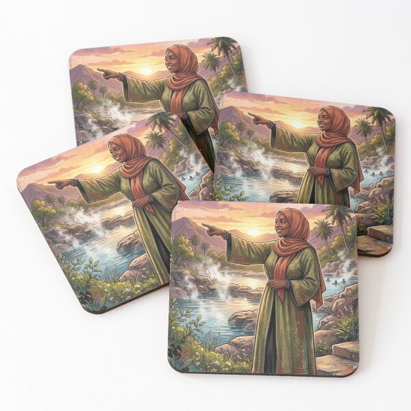 Item preview, MUSLIM WOMAN POINTING TO HOT SPRINGS AT SUNSET IN NATURE ILLUSTRATION designed and sold by Curiosiart.