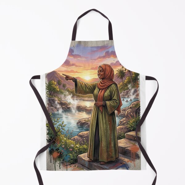 Item preview, MUSLIM WOMAN POINTING TO HOT SPRINGS AT SUNSET IN NATURE ILLUSTRATION designed and sold by Curiosiart.