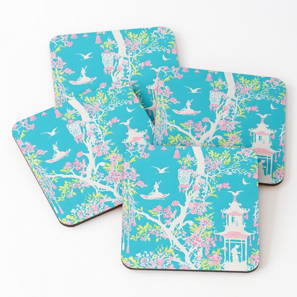 Item preview, Preppy chinoiserie garden in turquoise, pink and lime green designed and sold by SophieClimaArt.