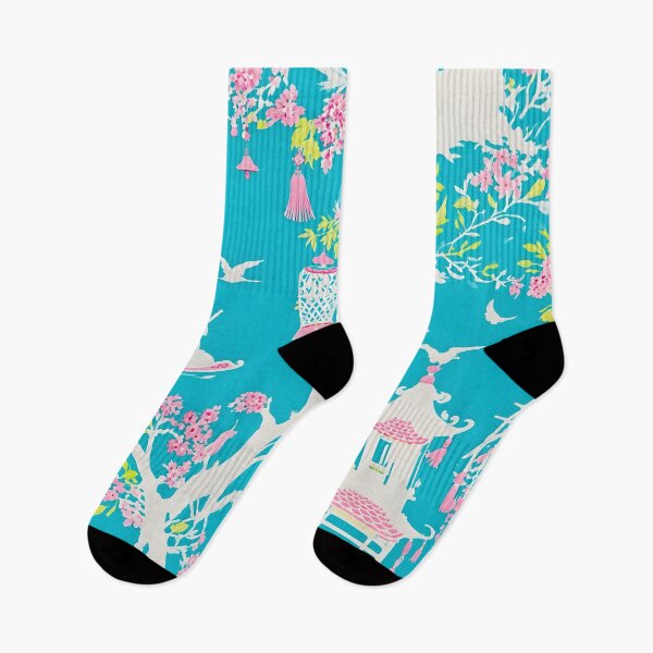 Item preview, Preppy chinoiserie garden in turquoise, pink and lime green designed and sold by SophieClimaArt.