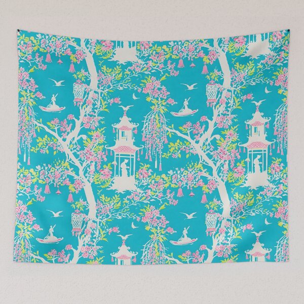 Item preview, Preppy chinoiserie garden in turquoise, pink and lime green designed and sold by SophieClimaArt.