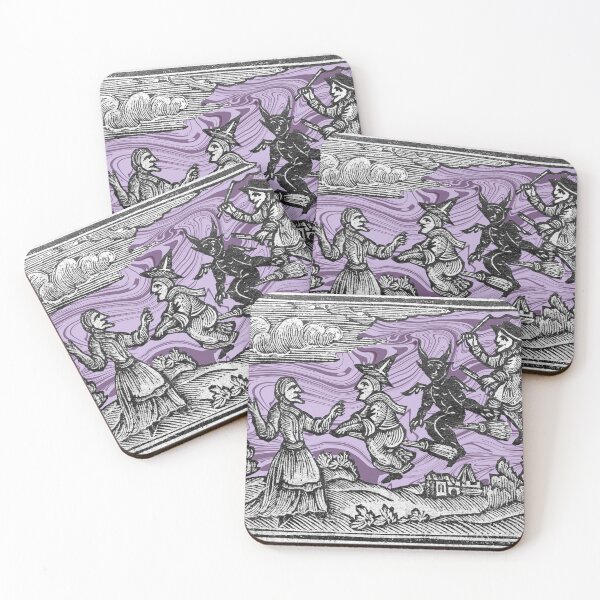 Item preview, Witches on Broomsticks - Antique Woodcut Art Print with Swirling Purple Marble Sky designed and sold by footnotes-club.