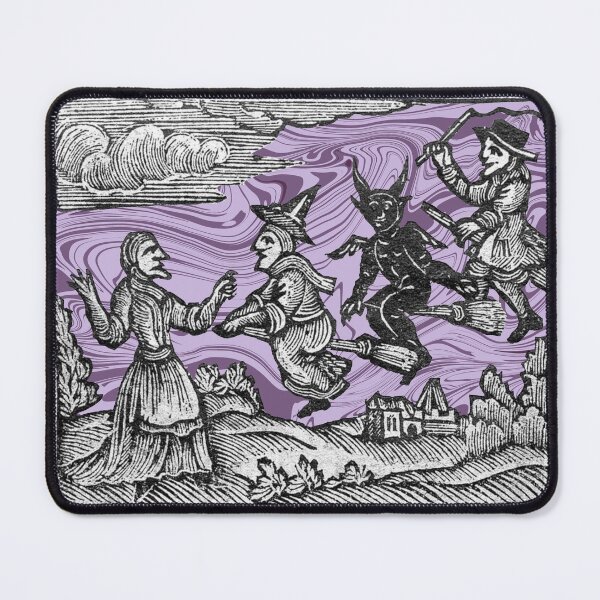 Item preview, Witches on Broomsticks - Antique Woodcut Art Print with Swirling Purple Marble Sky designed and sold by footnotes-club.