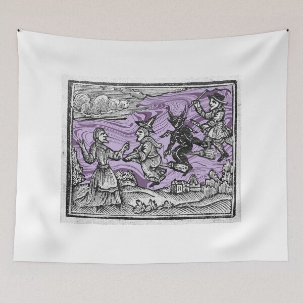 Item preview, Witches on Broomsticks - Antique Woodcut Art Print with Swirling Purple Marble Sky designed and sold by footnotes-club.