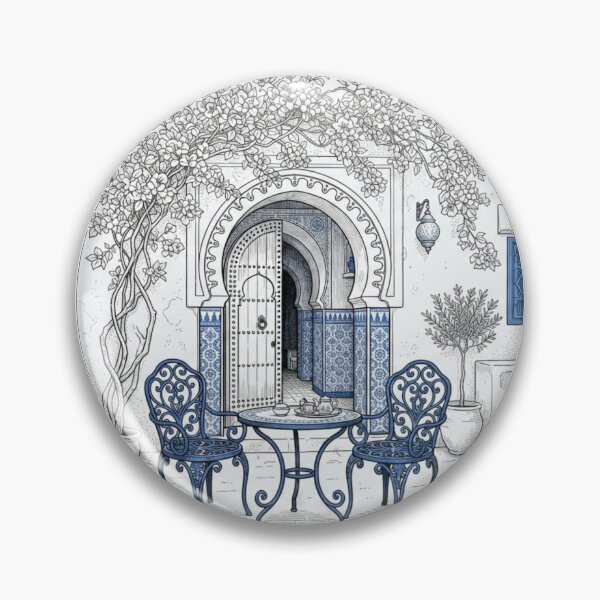 Item preview, Sidi Bou Said Café Courtyard — Line Art Tunisian Arch Door with Blue Iron Chairs & Zellige Tiles | Mediterranean Illustration designed and sold by carthagia.