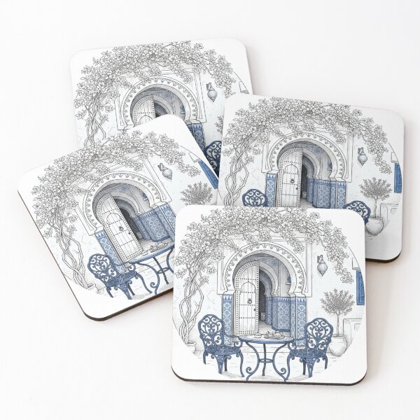 Item preview, Sidi Bou Said Café Courtyard — Line Art Tunisian Arch Door with Blue Iron Chairs & Zellige Tiles | Mediterranean Illustration designed and sold by carthagia.