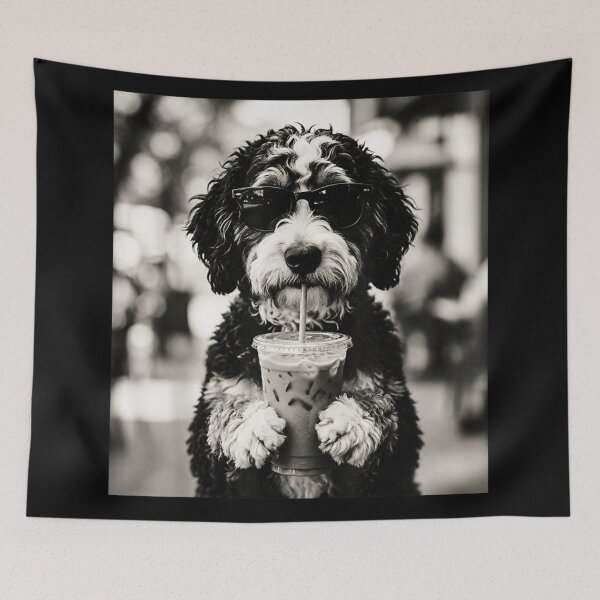 Item preview, Funny Dog Wearing Sunglasses Drinking Iced Coffee Black And White Graphic T-Shirt designed and sold by DuneHaicna.