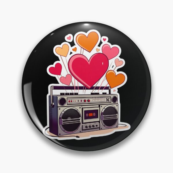 Item preview, Vintage Silver Boombox Sticker with Retro Orange and Pink Hearts designed and sold by GeekStickerLab.