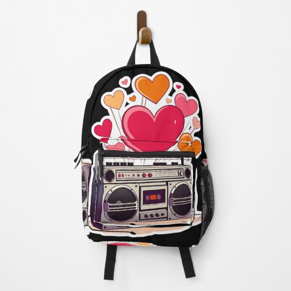 Item preview, Vintage Silver Boombox Sticker with Retro Orange and Pink Hearts designed and sold by GeekStickerLab.